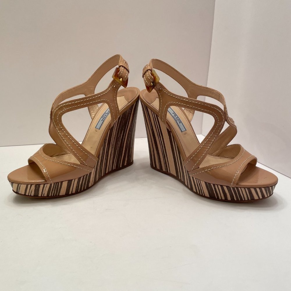 Prada Beige Patent Leather Wooden Wedge Sandals - image 7